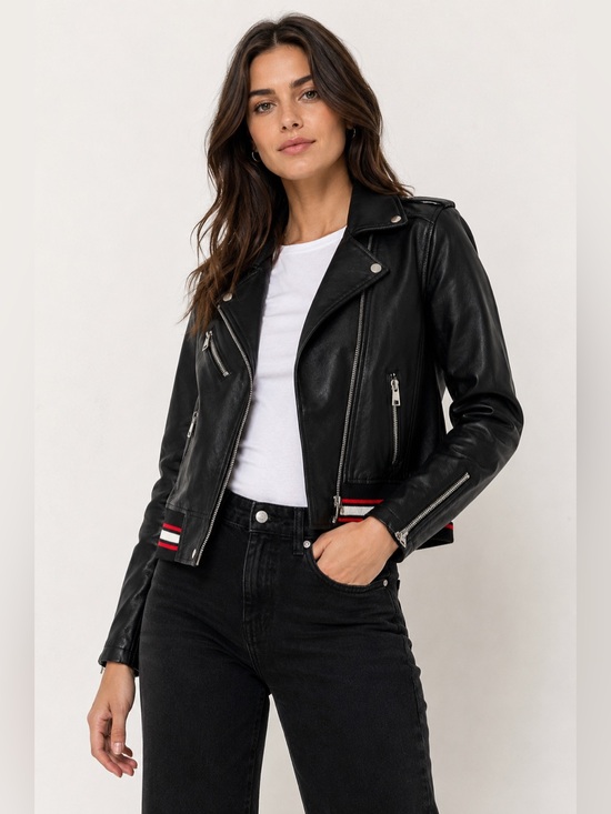 Levi's Jackets & Blazers - Levi’s Faux Leather Moto Jacket Varsity Stripe Rib Knit Hem Black Medium